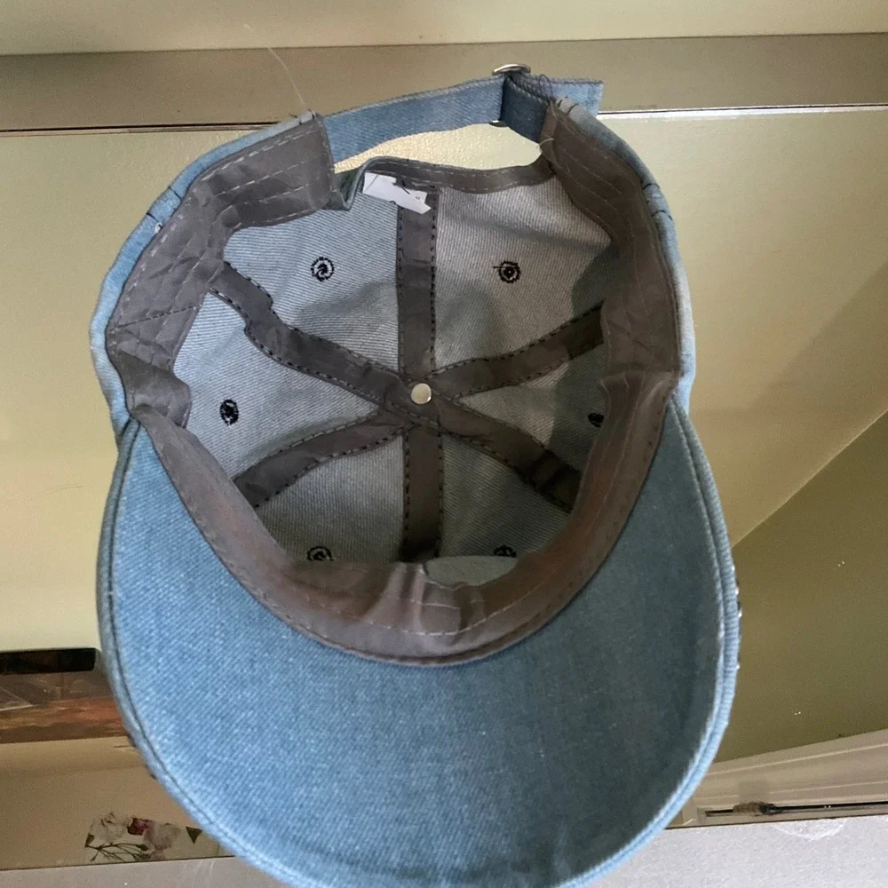 Y2K Bling Rhinestone LOVE Lips Denim Baseball Cap LightWash Studded Jean Dad Hat